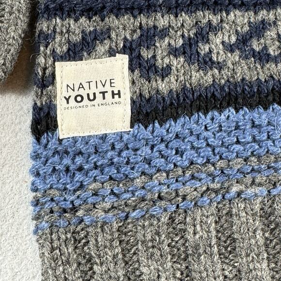 Native Youth Fair Isle Knit Sweater Blue Gray Wool Blend Men’s LGE NWT MSRP $100 - Picture 5 of 14
